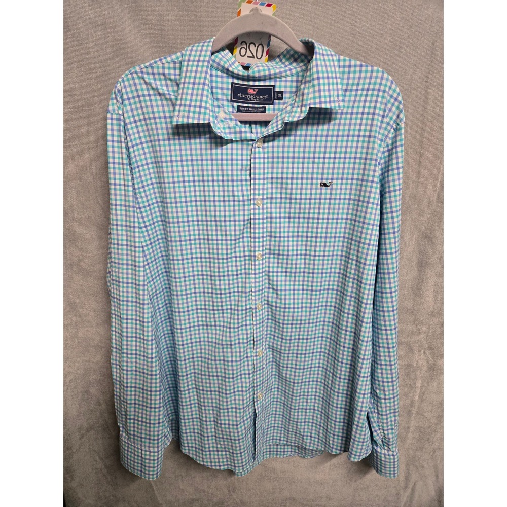 Vineyard Vines Slim Fit Whale Shirt Men XL Teal Blue Gingham Nylon Spandex Check